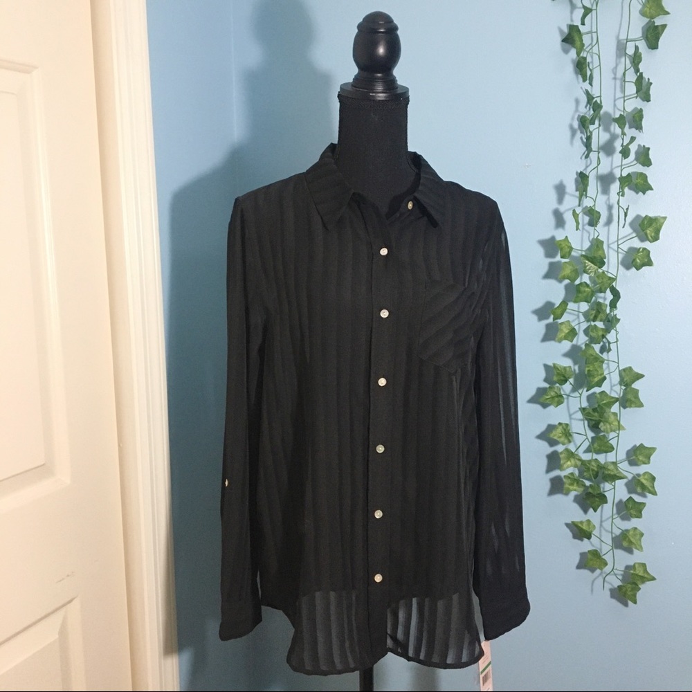 NWT Black Sheer Button Down Long Sleeve Size L